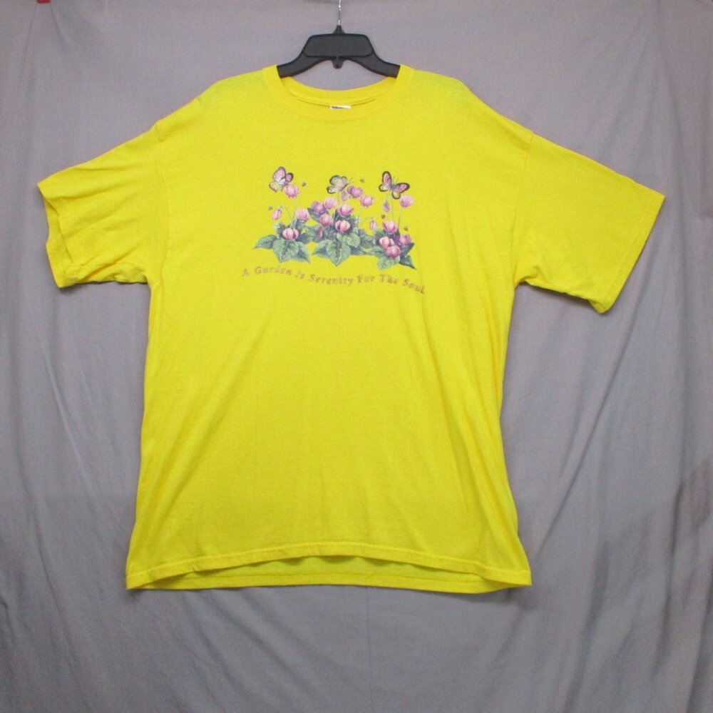 Gildan Garden Quote Floral Butterfly Graphic Print T-Shirt Yellow Women Size XL